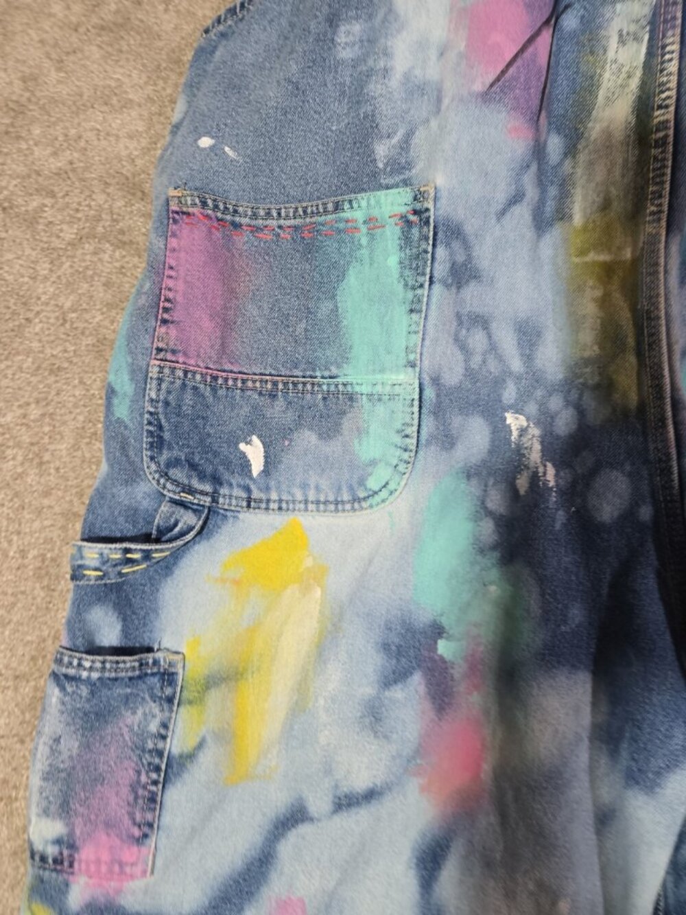 OOAK Upcycled Artwear Oversized Denim Overalls Painted Slow Stitched Boho Whimsy - Picture 12 of 16